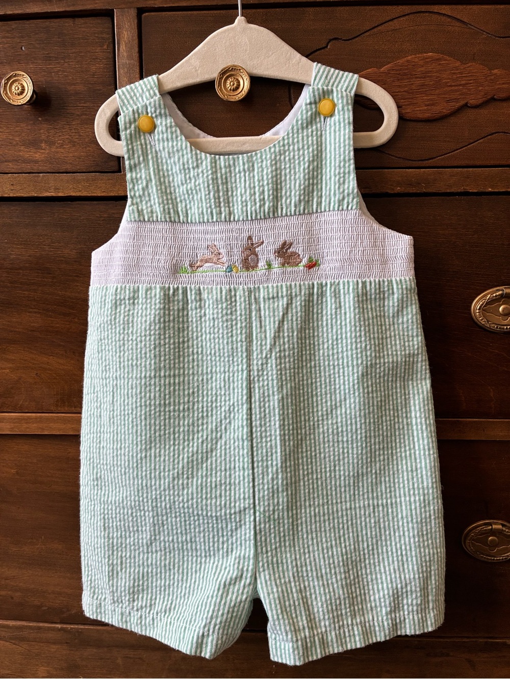 Mint Seersucker Smocked Bunny Romper - Kids Bottoms